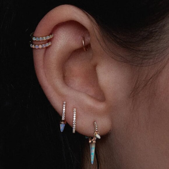 **SOLD**Single Short Opal Spike Diamond Eternity Hoop Earring Rose Gold - Picture 8 of 8